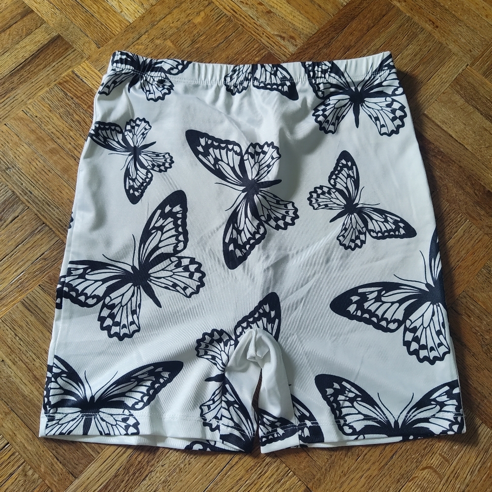 Shein White High Waisted Bike Shorts With Butterfly Print